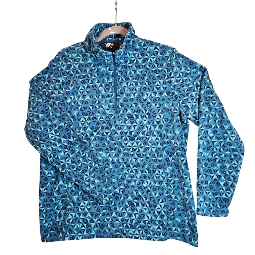 Lands End Womens L Blue Geometric Fleece 1/4 Zip Pullover Sweater outdoor bold
